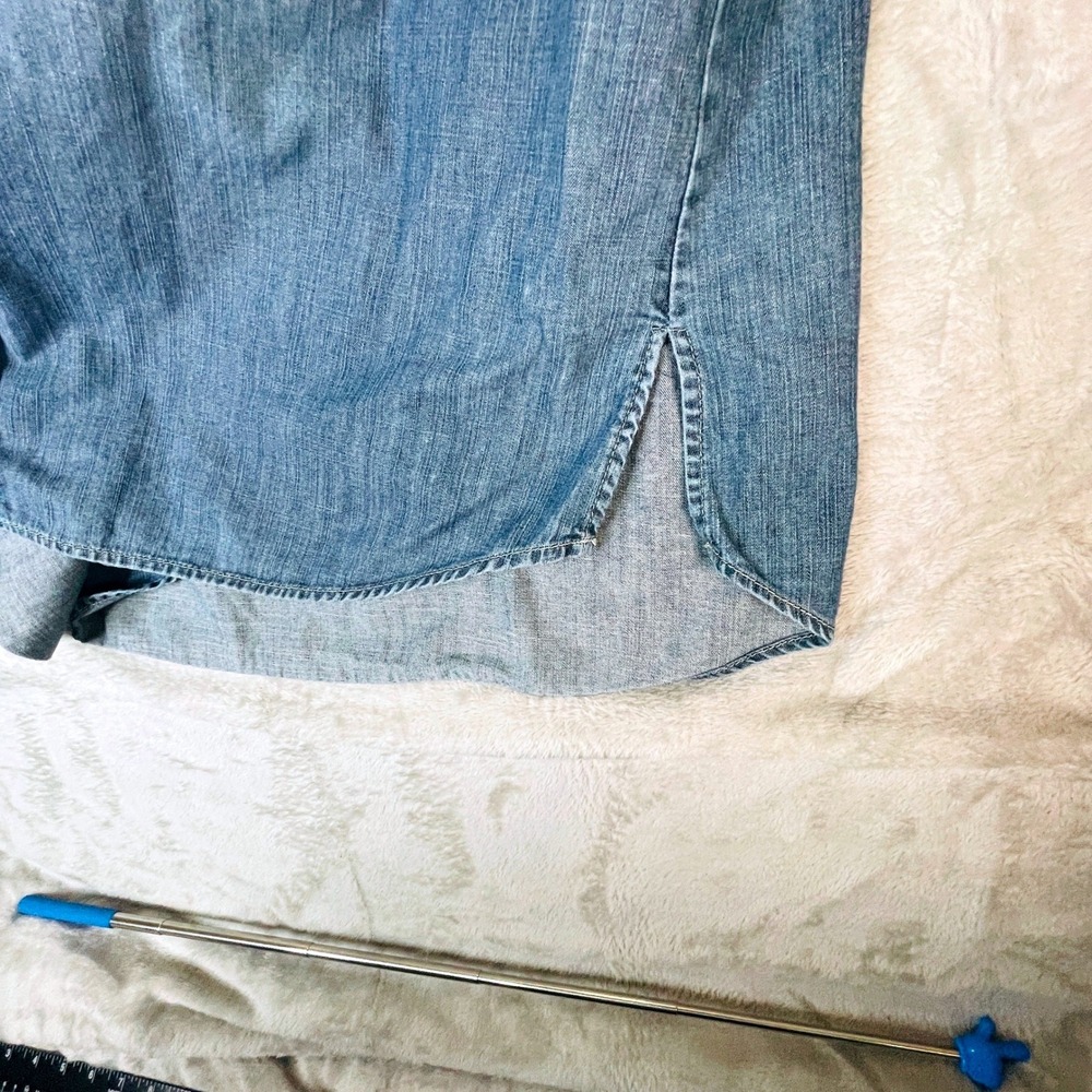 Denim Tunic Shirt Dress Blue Long Sleeve Button Up Pintuck Pleat Cotton 35" L - Picture 8 of 11
